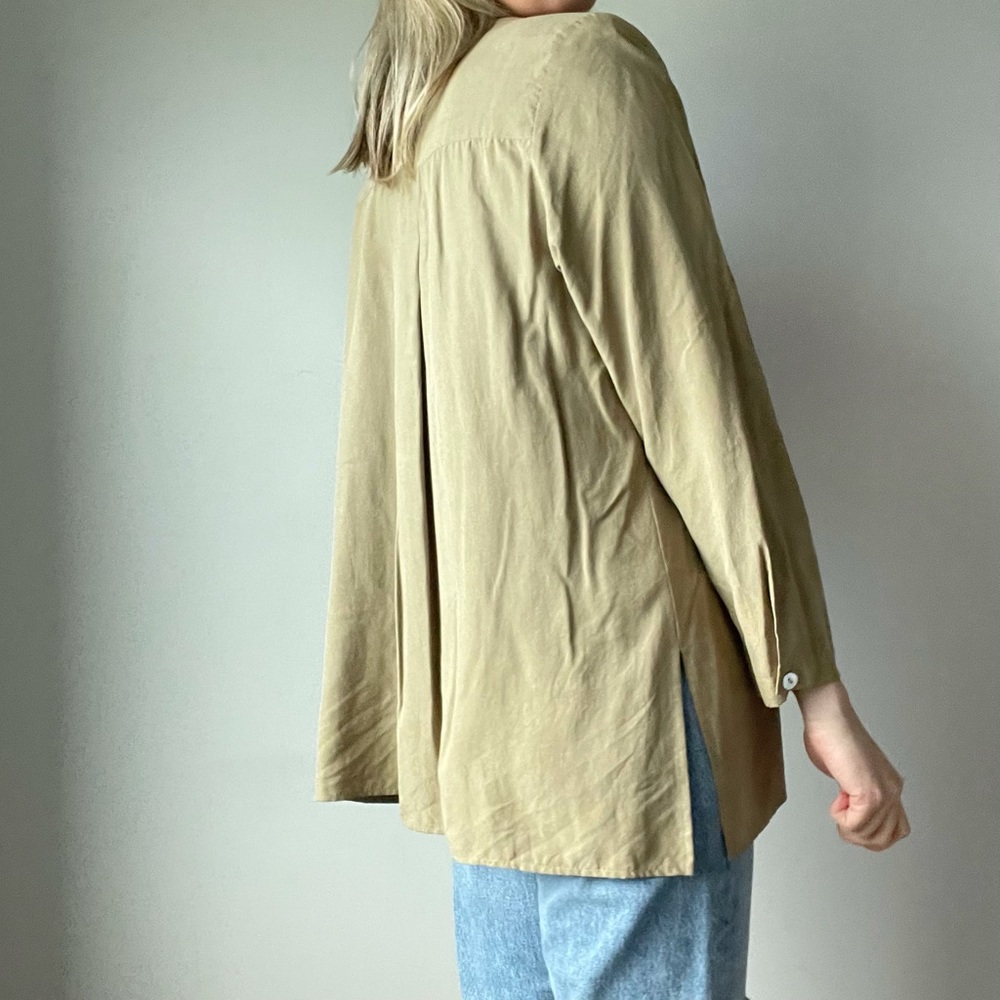 Vintage Taupe Silk Button Front Shirt Long-Line - Picture 4 of 6